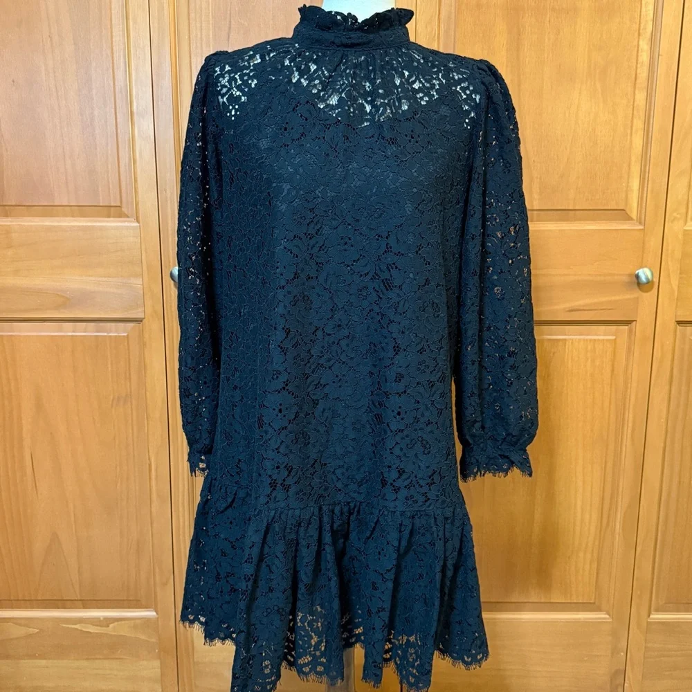 J Crew Ruffle Neck Dress in Black Lace